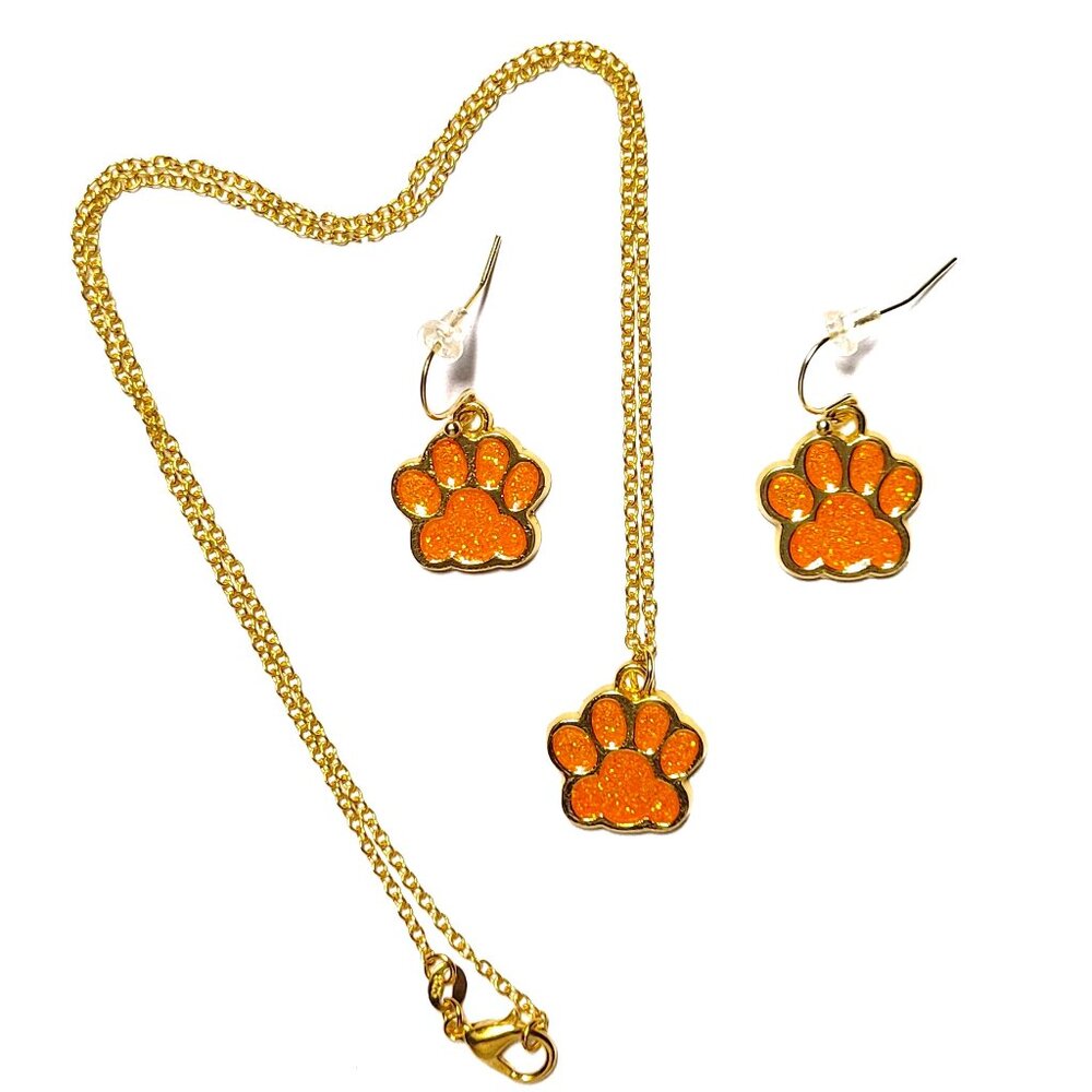 Orange Paw Sparkly Gold Plated Earrings & Necklace Set NWT